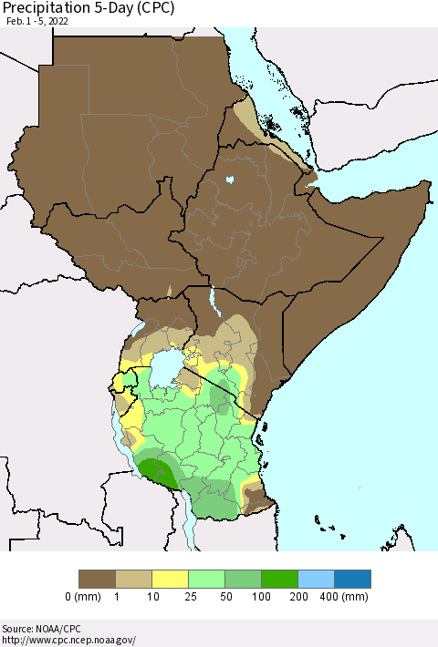 Eastern Africa Precipitation 5-Day (CPC) Thematic Map For 2/1/2022 - 2/5/2022