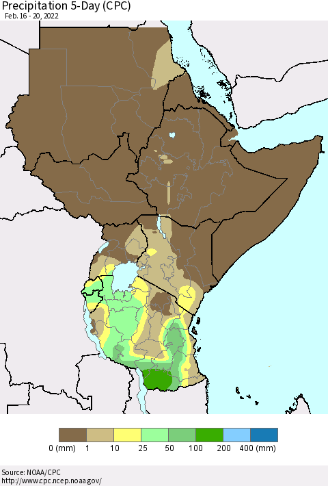 Eastern Africa Precipitation 5-Day (CPC) Thematic Map For 2/16/2022 - 2/20/2022