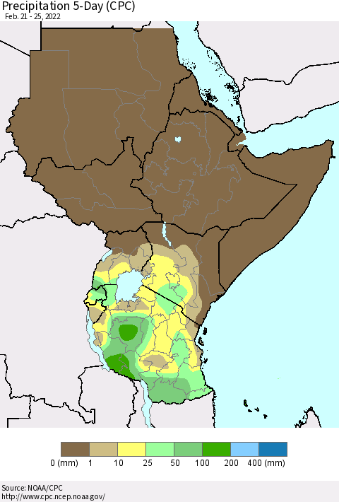 Eastern Africa Precipitation 5-Day (CPC) Thematic Map For 2/21/2022 - 2/25/2022