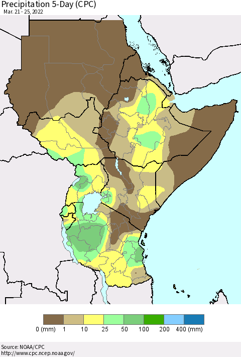 Eastern Africa Precipitation 5-Day (CPC) Thematic Map For 3/21/2022 - 3/25/2022
