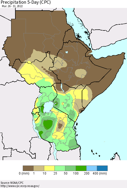 Eastern Africa Precipitation 5-Day (CPC) Thematic Map For 3/26/2022 - 3/31/2022