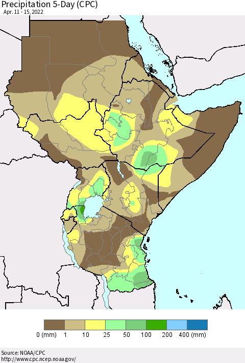 Eastern Africa Precipitation 5-Day (CPC) Thematic Map For 4/11/2022 - 4/15/2022