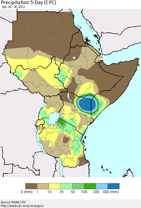 Eastern Africa Precipitation 5-Day (CPC) Thematic Map For 4/16/2022 - 4/20/2022