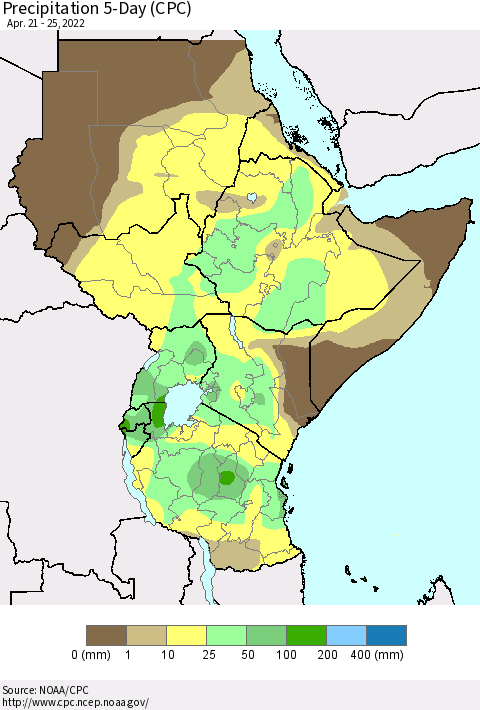 Eastern Africa Precipitation 5-Day (CPC) Thematic Map For 4/21/2022 - 4/25/2022