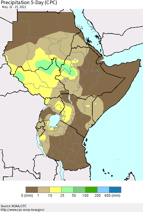 Eastern Africa Precipitation 5-Day (CPC) Thematic Map For 5/21/2022 - 5/25/2022