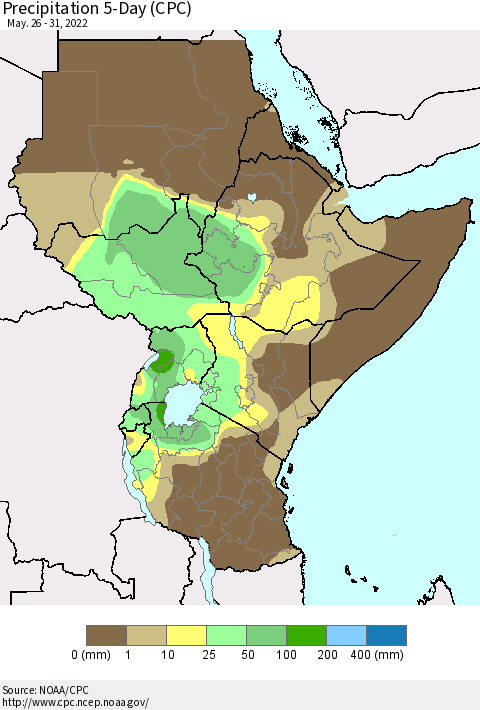 Eastern Africa Precipitation 5-Day (CPC) Thematic Map For 5/26/2022 - 5/31/2022