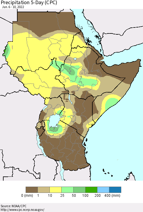 Eastern Africa Precipitation 5-Day (CPC) Thematic Map For 6/6/2022 - 6/10/2022