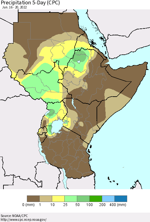 Eastern Africa Precipitation 5-Day (CPC) Thematic Map For 6/16/2022 - 6/20/2022