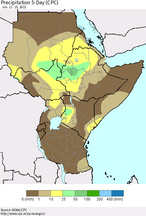Eastern Africa Precipitation 5-Day (CPC) Thematic Map For 6/21/2022 - 6/25/2022