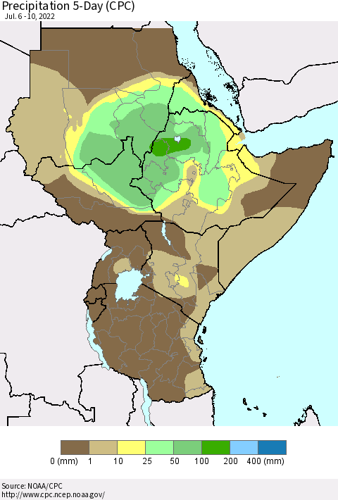 Eastern Africa Precipitation 5-Day (CPC) Thematic Map For 7/6/2022 - 7/10/2022