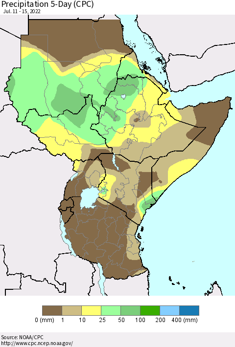 Eastern Africa Precipitation 5-Day (CPC) Thematic Map For 7/11/2022 - 7/15/2022