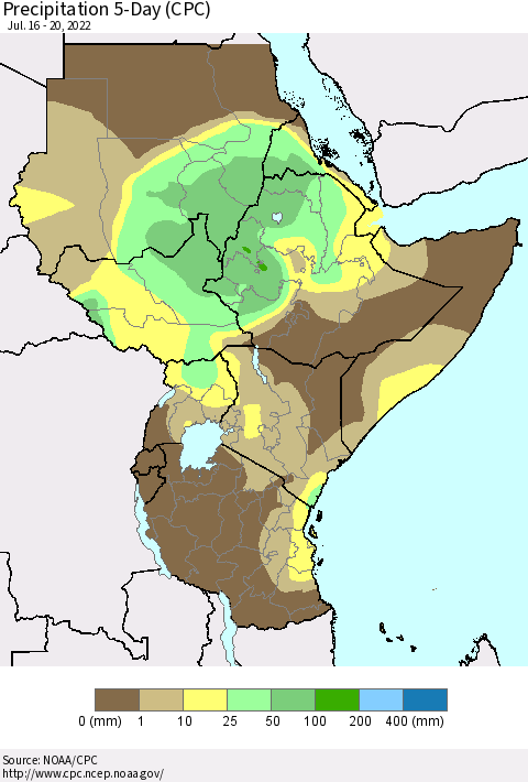 Eastern Africa Precipitation 5-Day (CPC) Thematic Map For 7/16/2022 - 7/20/2022