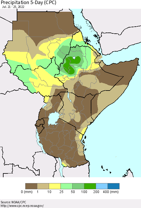 Eastern Africa Precipitation 5-Day (CPC) Thematic Map For 7/21/2022 - 7/25/2022