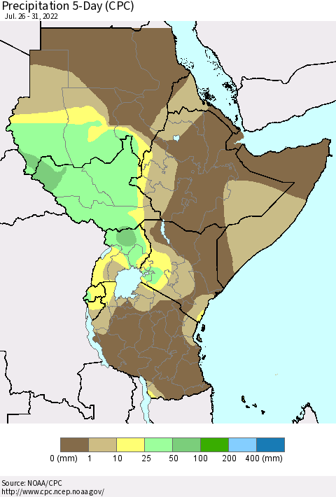 Eastern Africa Precipitation 5-Day (CPC) Thematic Map For 7/26/2022 - 7/31/2022