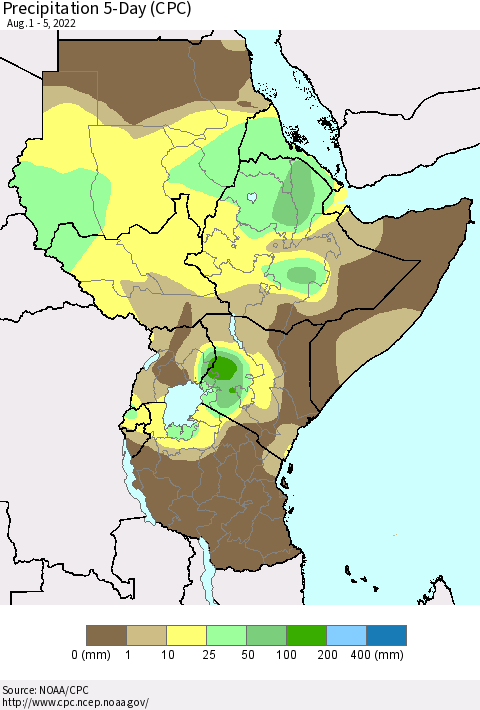 Eastern Africa Precipitation 5-Day (CPC) Thematic Map For 8/1/2022 - 8/5/2022