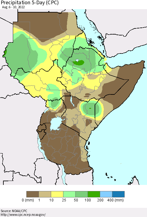 Eastern Africa Precipitation 5-Day (CPC) Thematic Map For 8/6/2022 - 8/10/2022