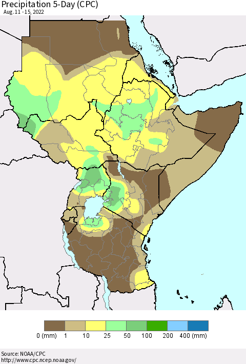 Eastern Africa Precipitation 5-Day (CPC) Thematic Map For 8/11/2022 - 8/15/2022