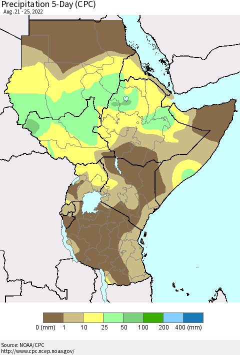 Eastern Africa Precipitation 5-Day (CPC) Thematic Map For 8/21/2022 - 8/25/2022