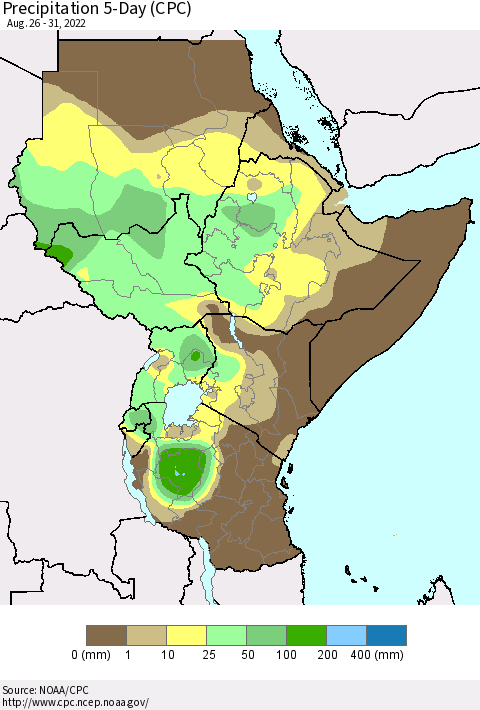 Eastern Africa Precipitation 5-Day (CPC) Thematic Map For 8/26/2022 - 8/31/2022