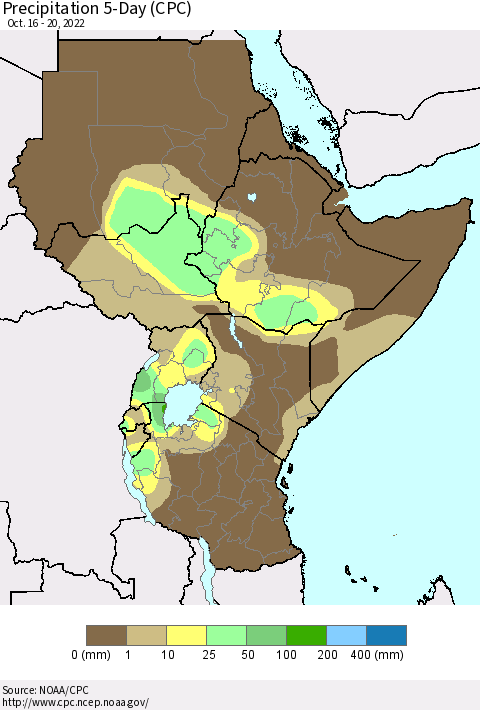 Eastern Africa Precipitation 5-Day (CPC) Thematic Map For 10/16/2022 - 10/20/2022