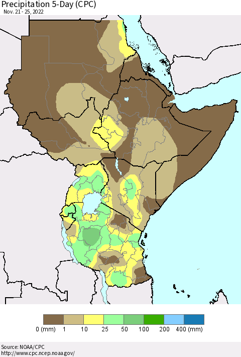 Eastern Africa Precipitation 5-Day (CPC) Thematic Map For 11/21/2022 - 11/25/2022