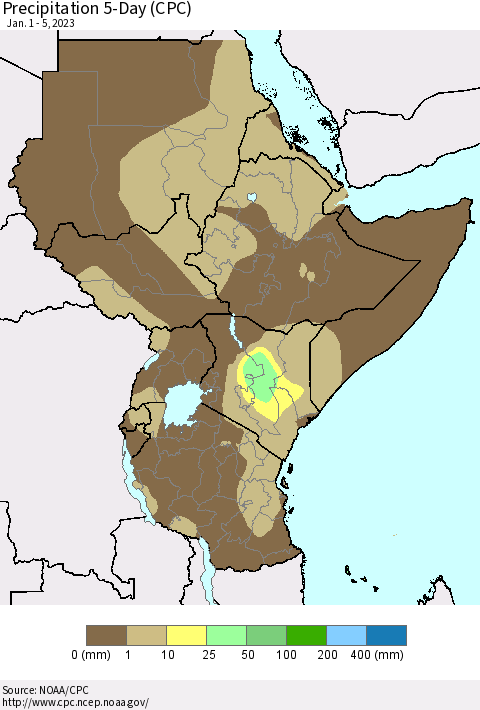 Eastern Africa Precipitation 5-Day (CPC) Thematic Map For 1/1/2023 - 1/5/2023