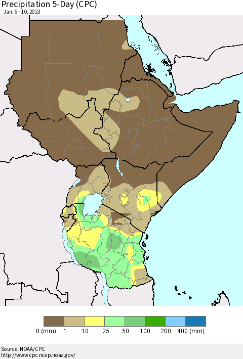 Eastern Africa Precipitation 5-Day (CPC) Thematic Map For 1/6/2023 - 1/10/2023