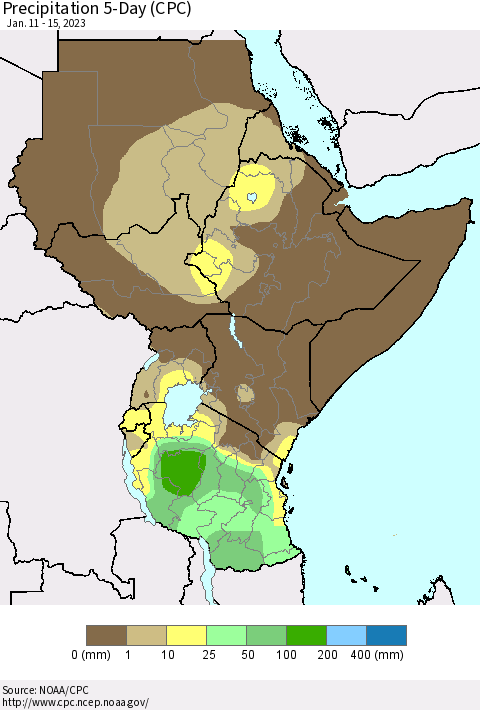 Eastern Africa Precipitation 5-Day (CPC) Thematic Map For 1/11/2023 - 1/15/2023