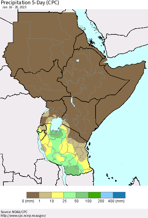 Eastern Africa Precipitation 5-Day (CPC) Thematic Map For 1/16/2023 - 1/20/2023