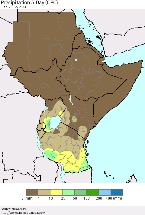Eastern Africa Precipitation 5-Day (CPC) Thematic Map For 1/21/2023 - 1/25/2023