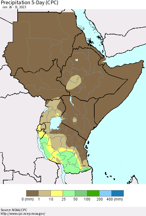 Eastern Africa Precipitation 5-Day (CPC) Thematic Map For 1/26/2023 - 1/31/2023