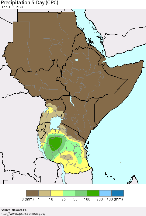 Eastern Africa Precipitation 5-Day (CPC) Thematic Map For 2/1/2023 - 2/5/2023