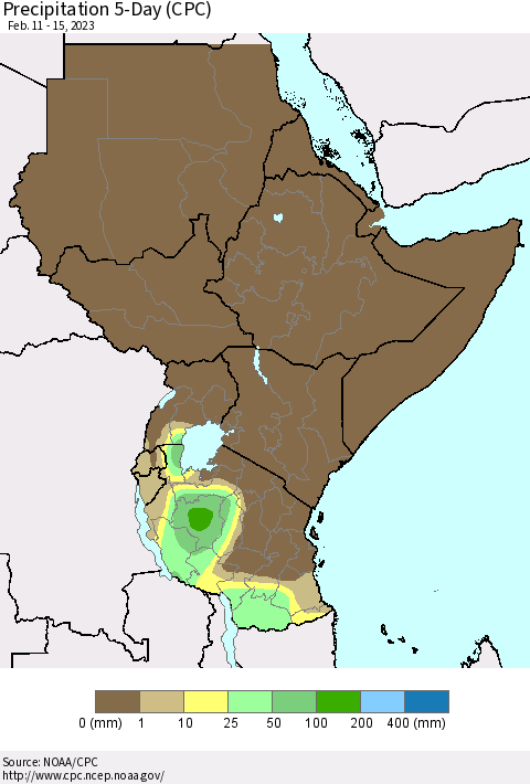 Eastern Africa Precipitation 5-Day (CPC) Thematic Map For 2/11/2023 - 2/15/2023