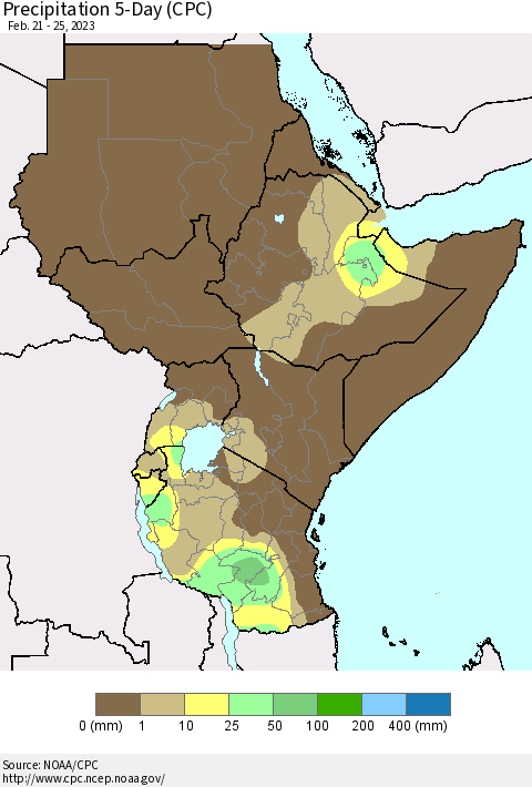 Eastern Africa Precipitation 5-Day (CPC) Thematic Map For 2/21/2023 - 2/25/2023