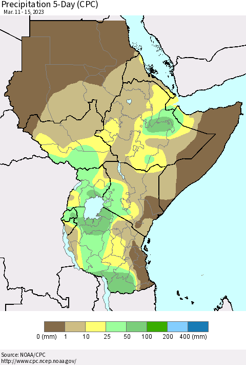 Eastern Africa Precipitation 5-Day (CPC) Thematic Map For 3/11/2023 - 3/15/2023