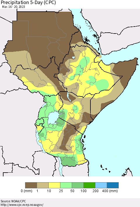 Eastern Africa Precipitation 5-Day (CPC) Thematic Map For 3/16/2023 - 3/20/2023