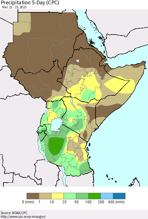 Eastern Africa Precipitation 5-Day (CPC) Thematic Map For 3/21/2023 - 3/25/2023