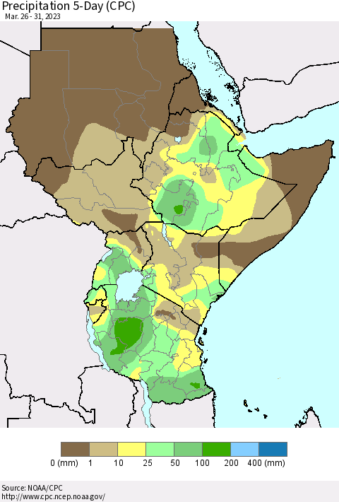 Eastern Africa Precipitation 5-Day (CPC) Thematic Map For 3/26/2023 - 3/31/2023