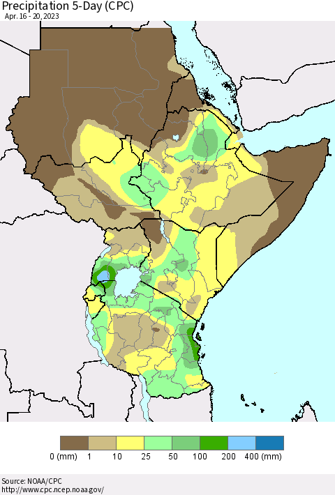 Eastern Africa Precipitation 5-Day (CPC) Thematic Map For 4/16/2023 - 4/20/2023