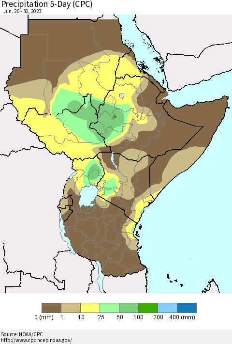 Eastern Africa Precipitation 5-Day (CPC) Thematic Map For 6/26/2023 - 6/30/2023