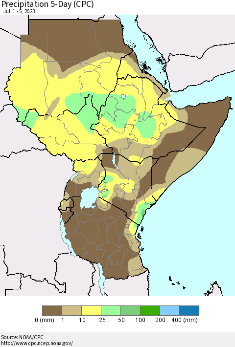Eastern Africa Precipitation 5-Day (CPC) Thematic Map For 7/1/2023 - 7/5/2023