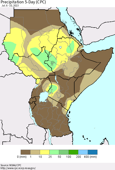 Eastern Africa Precipitation 5-Day (CPC) Thematic Map For 7/6/2023 - 7/10/2023