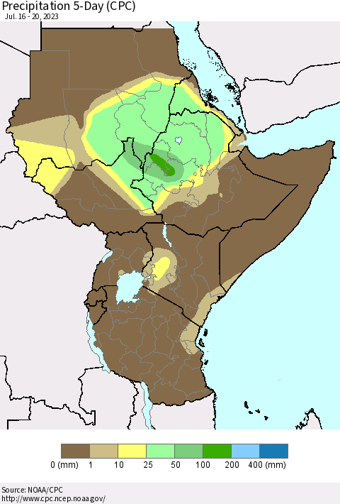 Eastern Africa Precipitation 5-Day (CPC) Thematic Map For 7/16/2023 - 7/20/2023