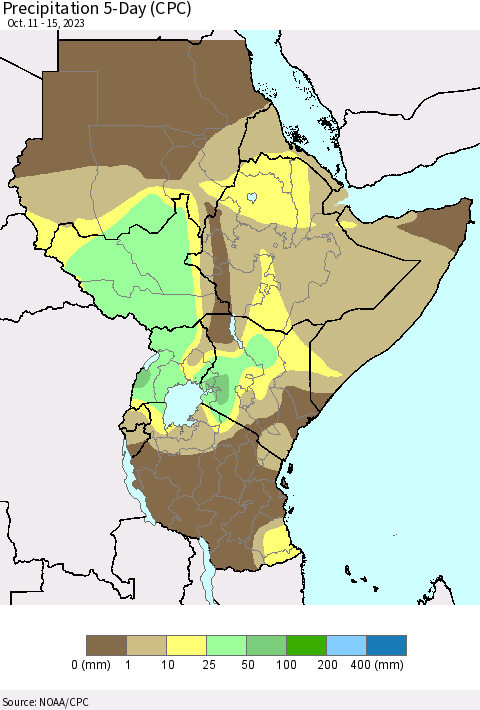 Eastern Africa Precipitation 5-Day (CPC) Thematic Map For 10/11/2023 - 10/15/2023