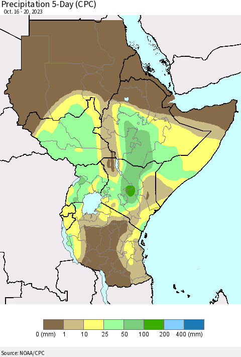 Eastern Africa Precipitation 5-Day (CPC) Thematic Map For 10/16/2023 - 10/20/2023