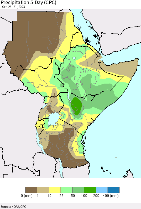 Eastern Africa Precipitation 5-Day (CPC) Thematic Map For 10/26/2023 - 10/31/2023