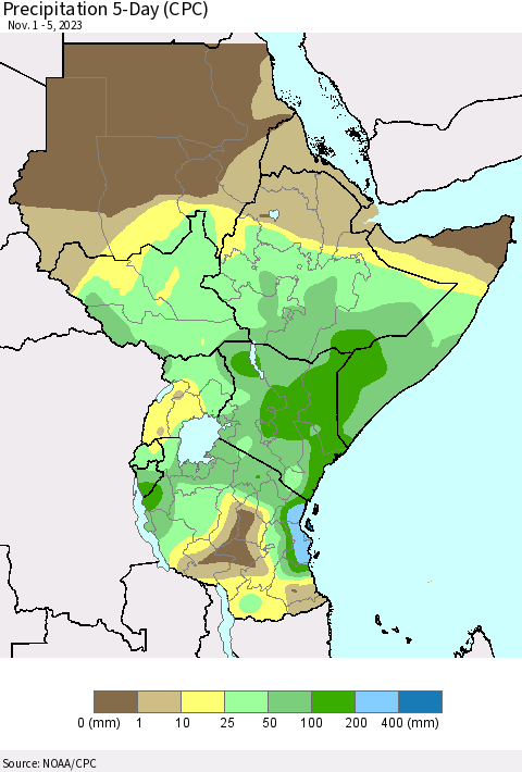 Eastern Africa Precipitation 5-Day (CPC) Thematic Map For 11/1/2023 - 11/5/2023