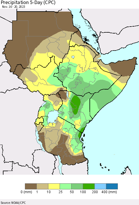 Eastern Africa Precipitation 5-Day (CPC) Thematic Map For 11/16/2023 - 11/20/2023