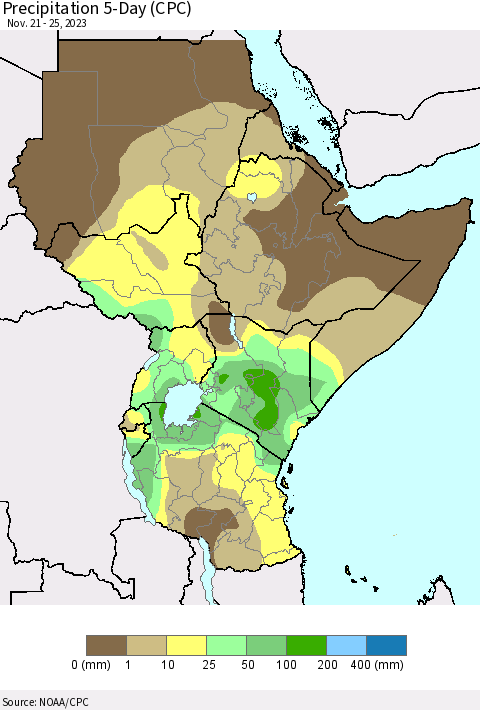 Eastern Africa Precipitation 5-Day (CPC) Thematic Map For 11/21/2023 - 11/25/2023