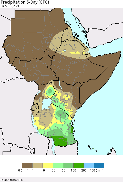 Eastern Africa Precipitation 5-Day (CPC) Thematic Map For 1/1/2024 - 1/5/2024